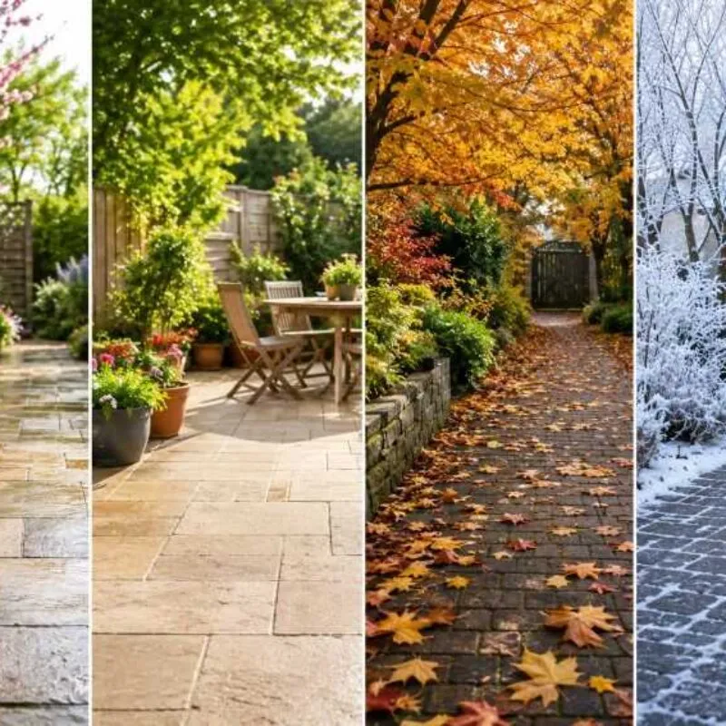 Seasonal path, patio and driveway maintenance showing spring, summer, autumn and winter hard surface care.