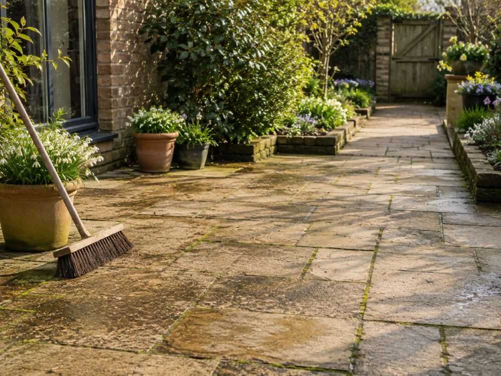 Spring patio inspection showing moss between paving joints and a broom ready for seasonal hard surface maintenance