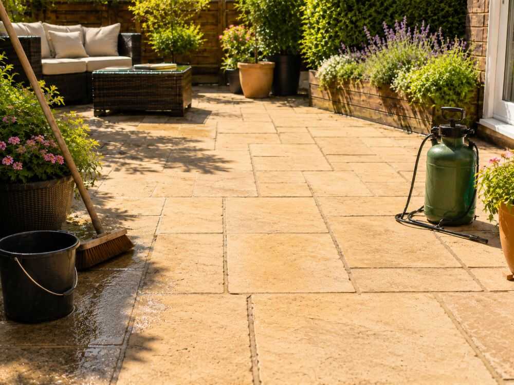 Summer patio maintenance showing a clean paved garden area with cleaning tools ready for stain control and sealing preparation.