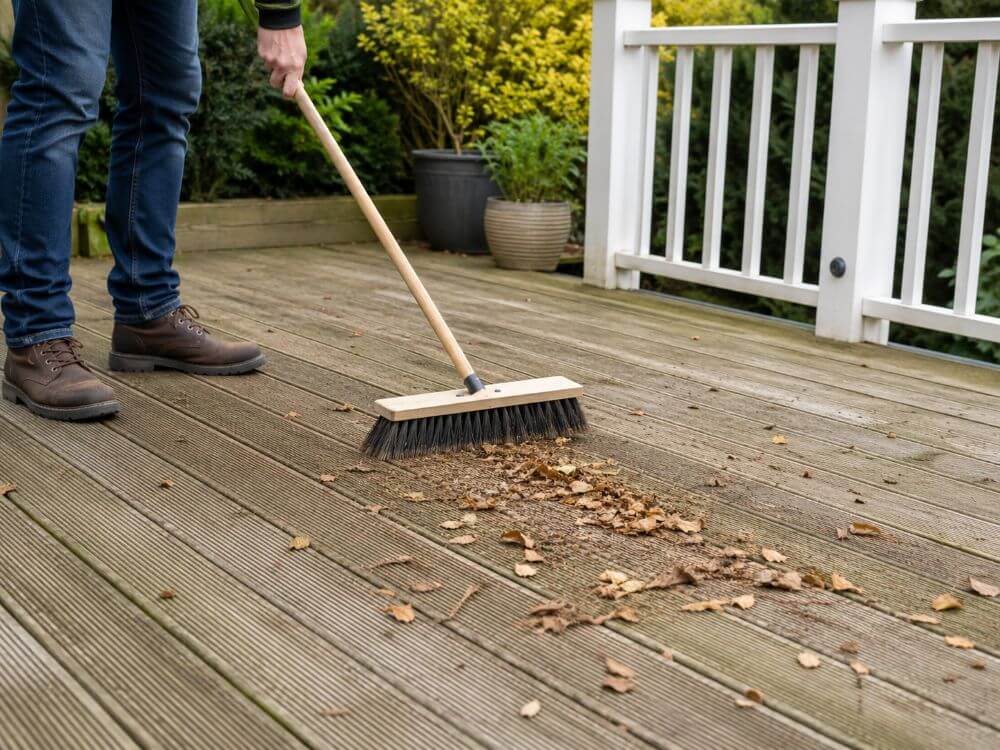 Sweeping leaves and loose debris from decking before cleaning