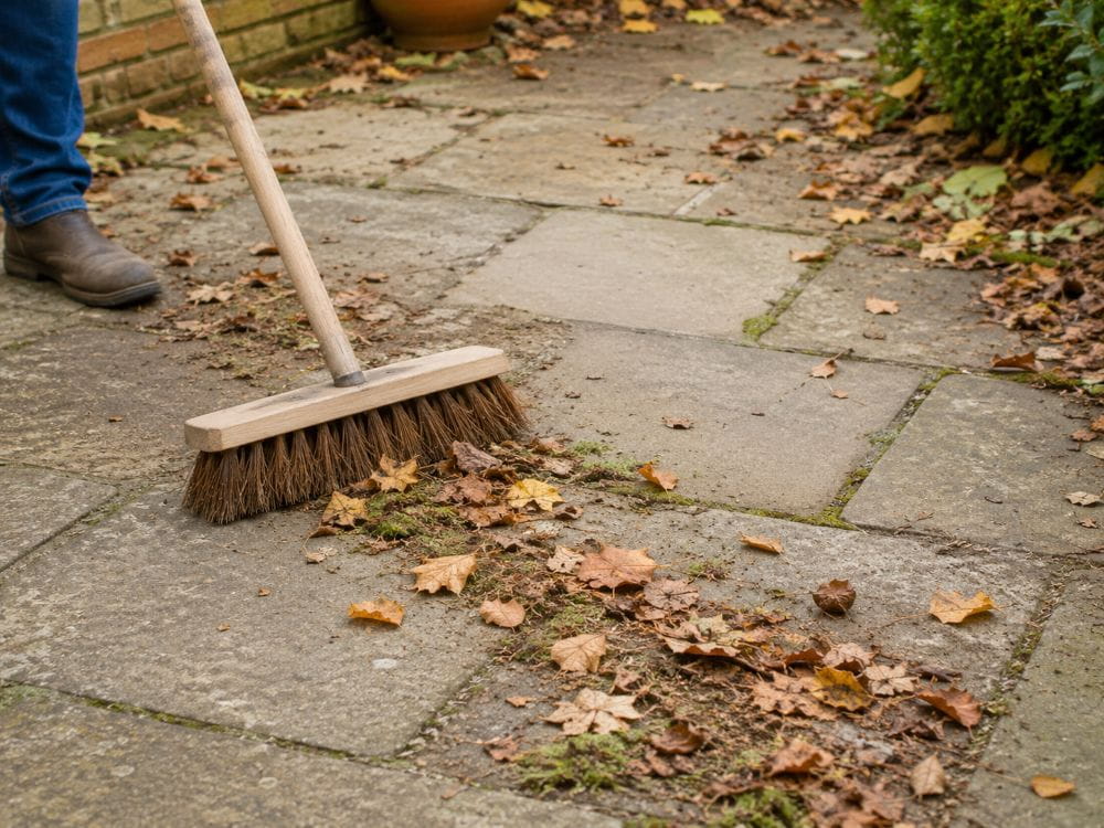 Sweeping dry leaves and loose debris from a patio before winter