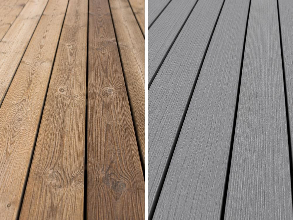Timber and composite decking boards with different surface finishes