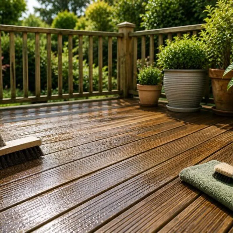 Clean timber decking with brush and maintenance tools after routine care