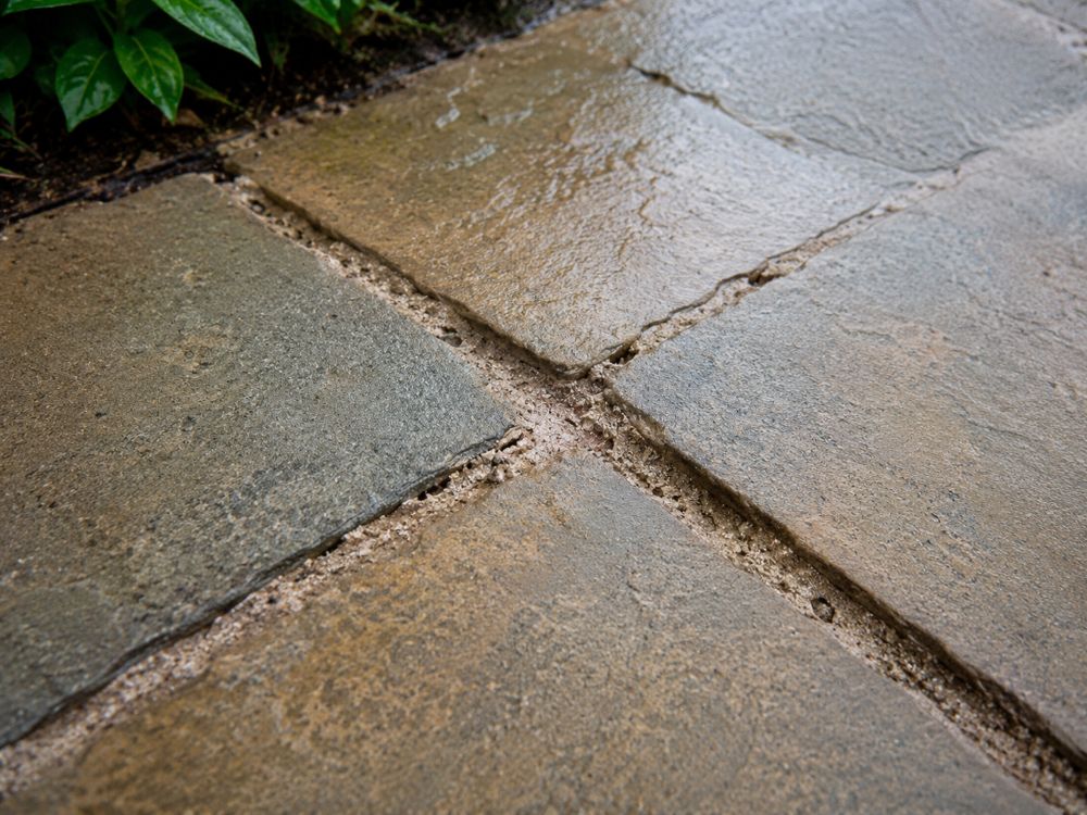 Washed-out patio joints showing loose jointing compound and gaps between paving slabs