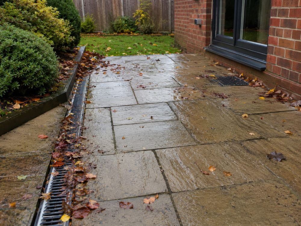 Wet autumn leaves collecting on a patio path before winter cleaning