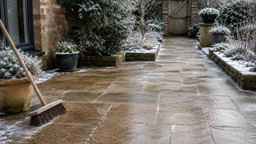 Winter patio maintenance showing frosty paving, light snow and an outdoor yard brush for safe access