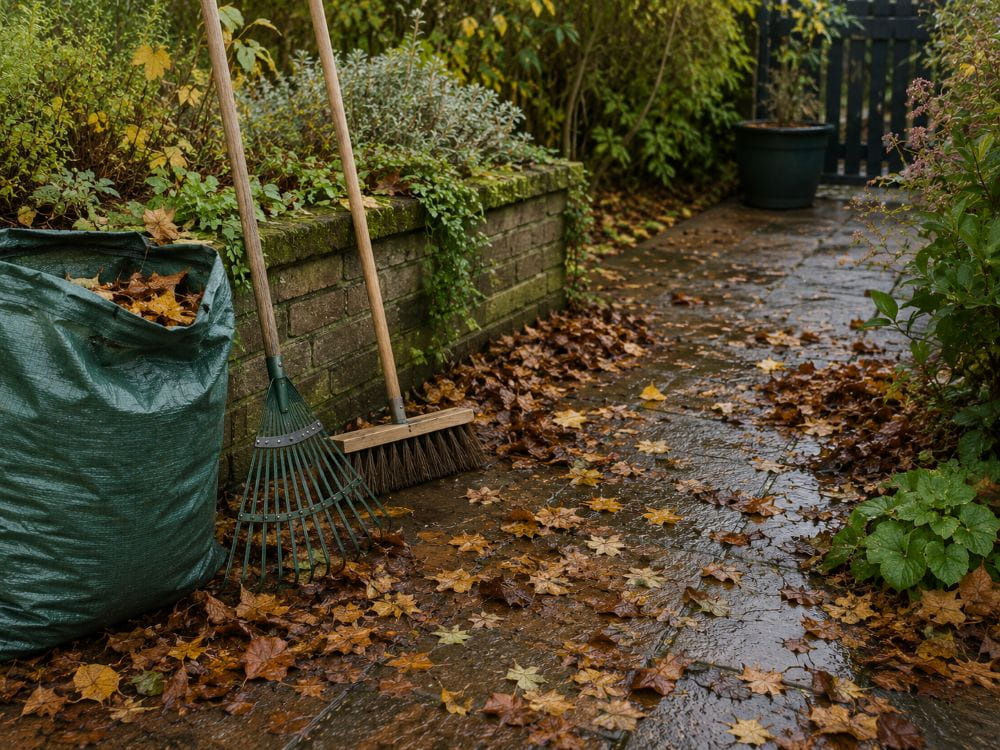 Wet leaves on a garden path with rake broom and garden bag ready for clearance
