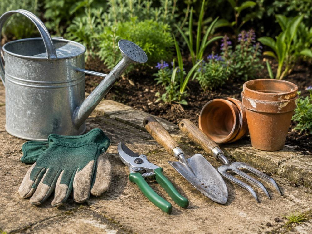 Beginner garden hand tools for planting pruning and watering