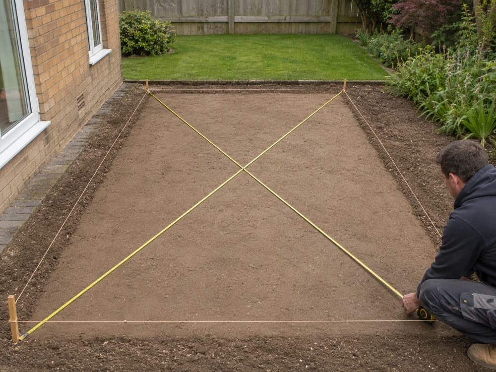 Checking diagonal measurements to square a patio or decking layout