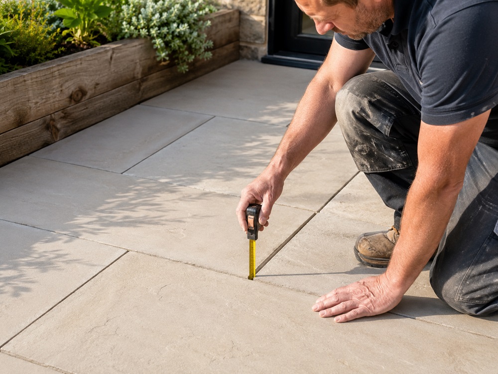 Checking patio paving joints before applying jointing compound