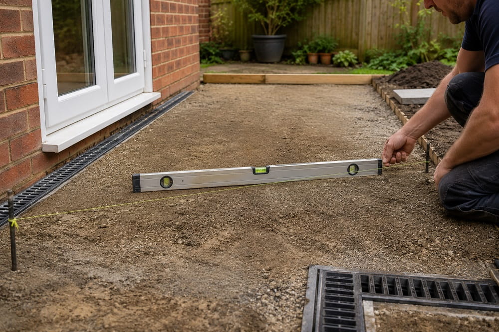 Checking patio levels and water direction with a string line before ordering materials