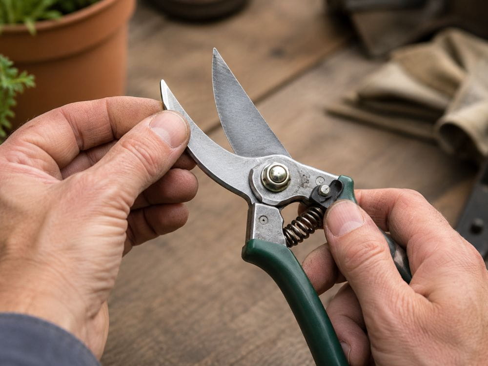 Checking secateurs blade alignment, pivot and safety lock before buying