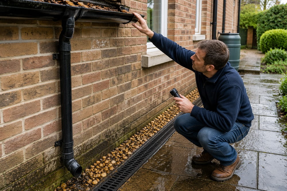 Inspecting gutters drainage and wall bases to identify external water ingress routes