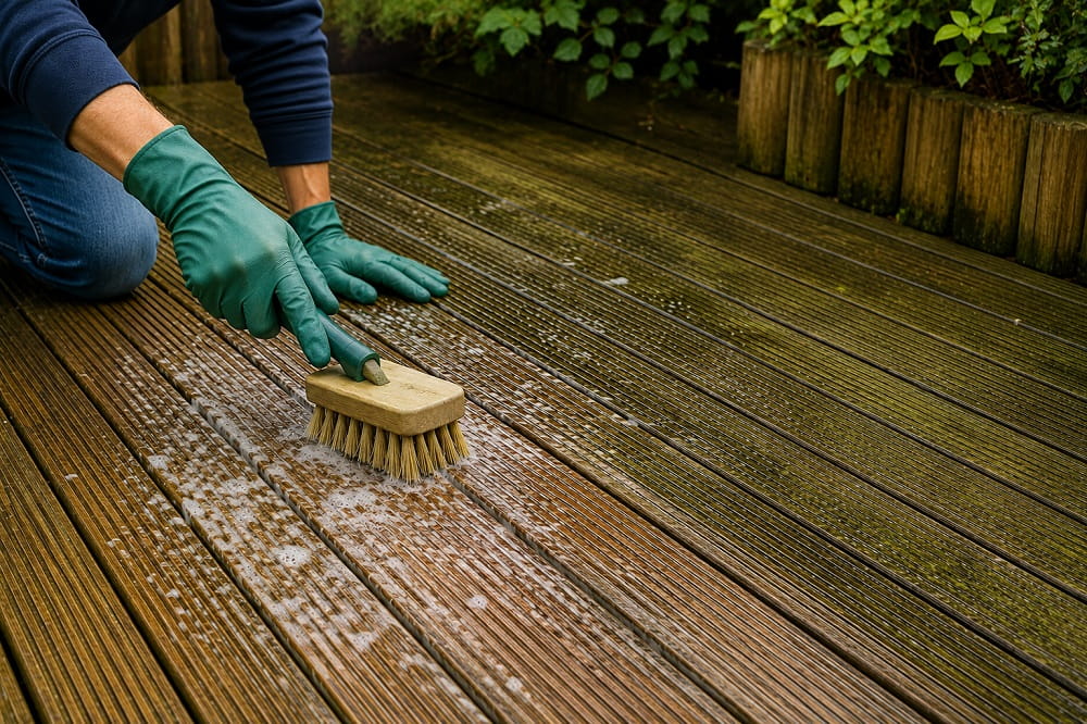 Cleaning decking with a stiff brush and decking cleaner