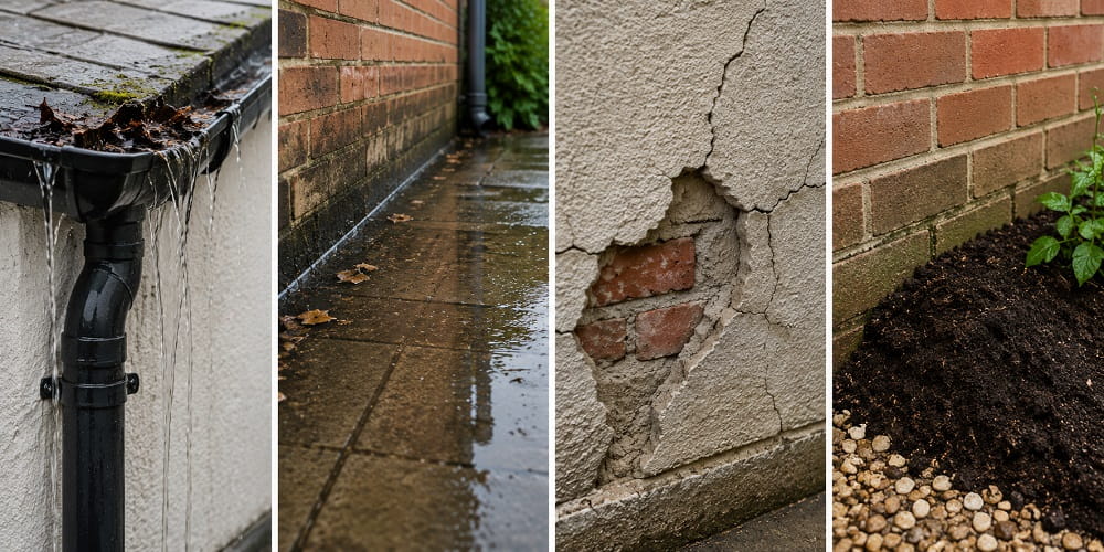 Common causes of moisture problems including blocked gutters, standing water, cracked render and high ground levels