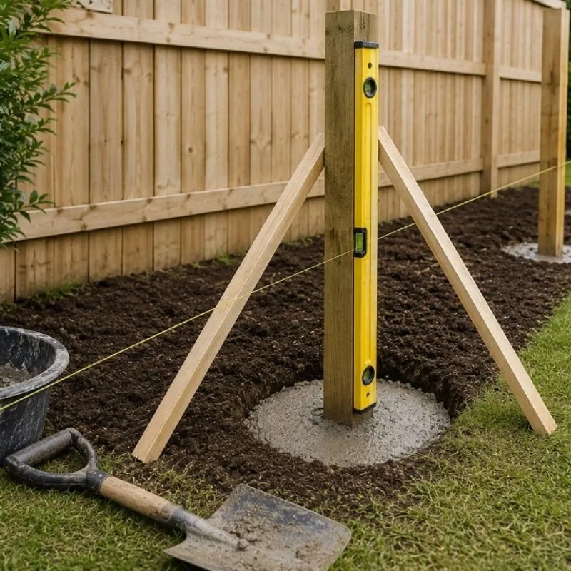 Fence post braced and levelled while concrete sets in a garden fence run