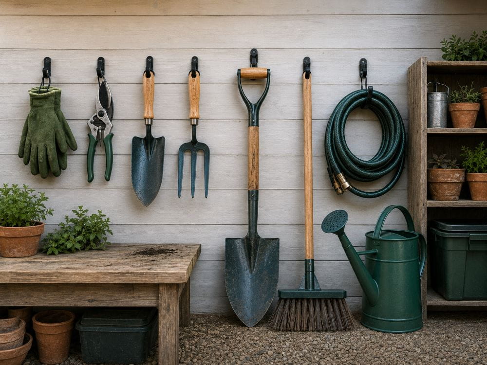 Core garden tools including gloves secateurs trowel spade rake and watering can