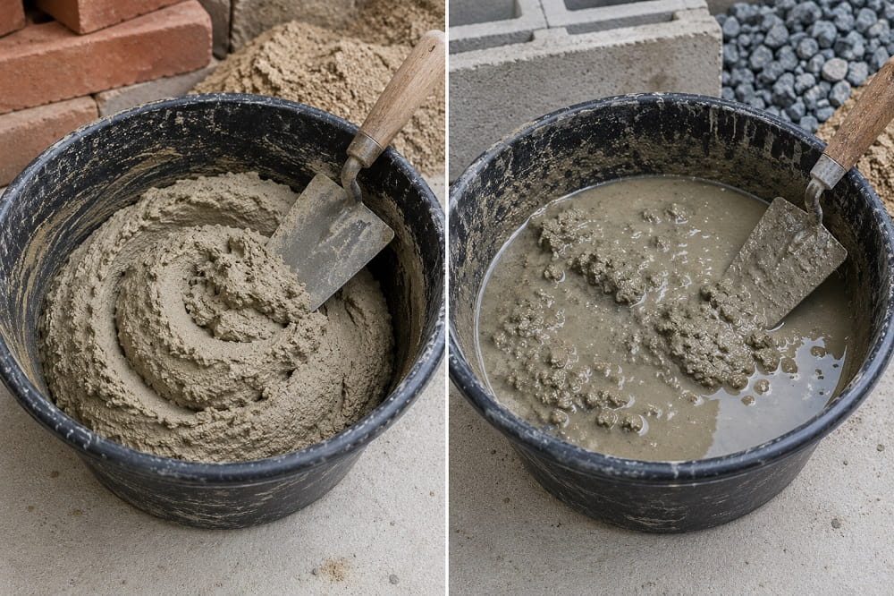 Comparison of correctly mixed mortar and overly wet mortar showing excess water in the mix