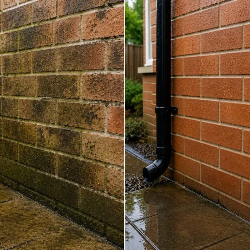Damp Proofing Waterproofing External Wall Comparison Before and after comparison of damp-stained brick wall and treated external masonry