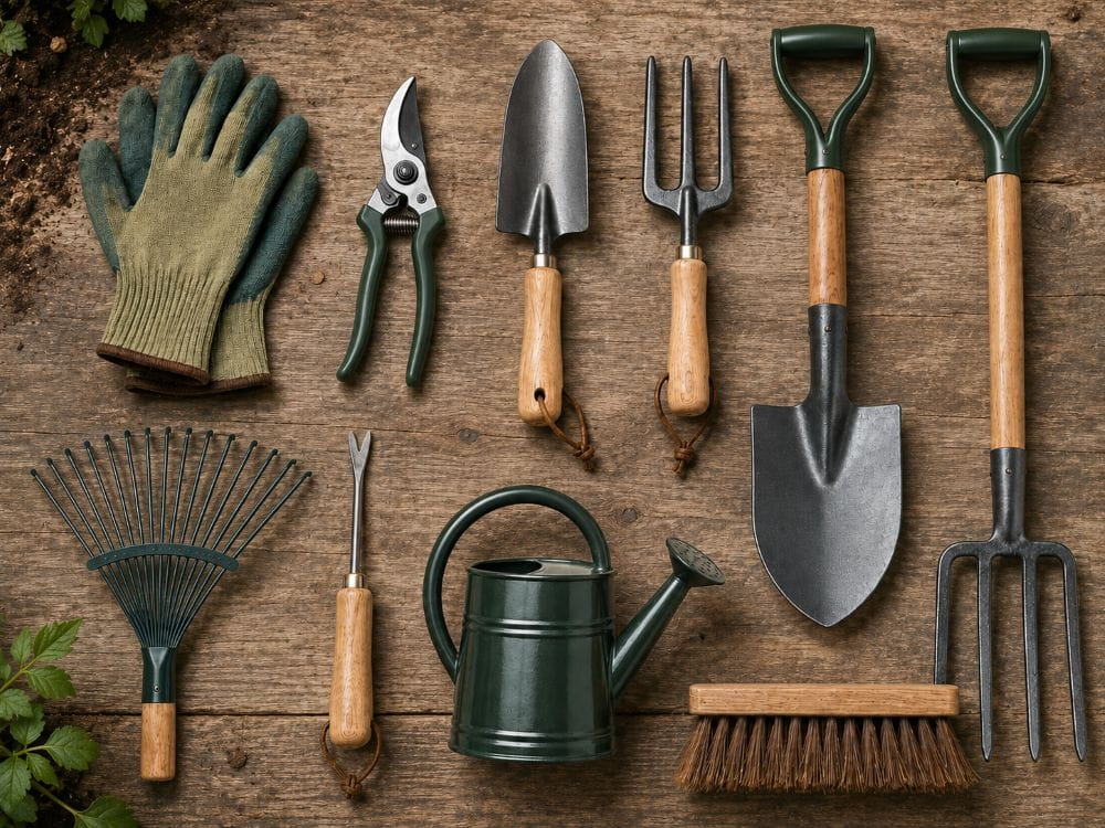 Essential beginner garden hand tools laid out for outdoor maintenance