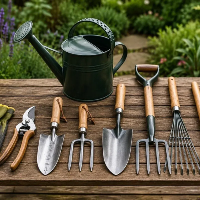 Beginner garden hand tools arranged on a wooden table with gloves, secateurs, trowels, forks, rake, brush and watering can