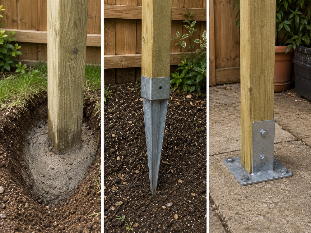 Concrete fence post fixing compared with post spike and bolt-down post shoe