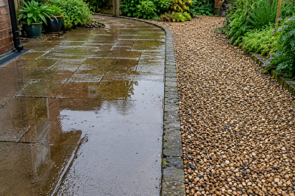 Standing water beside a garden path showing drainage issues