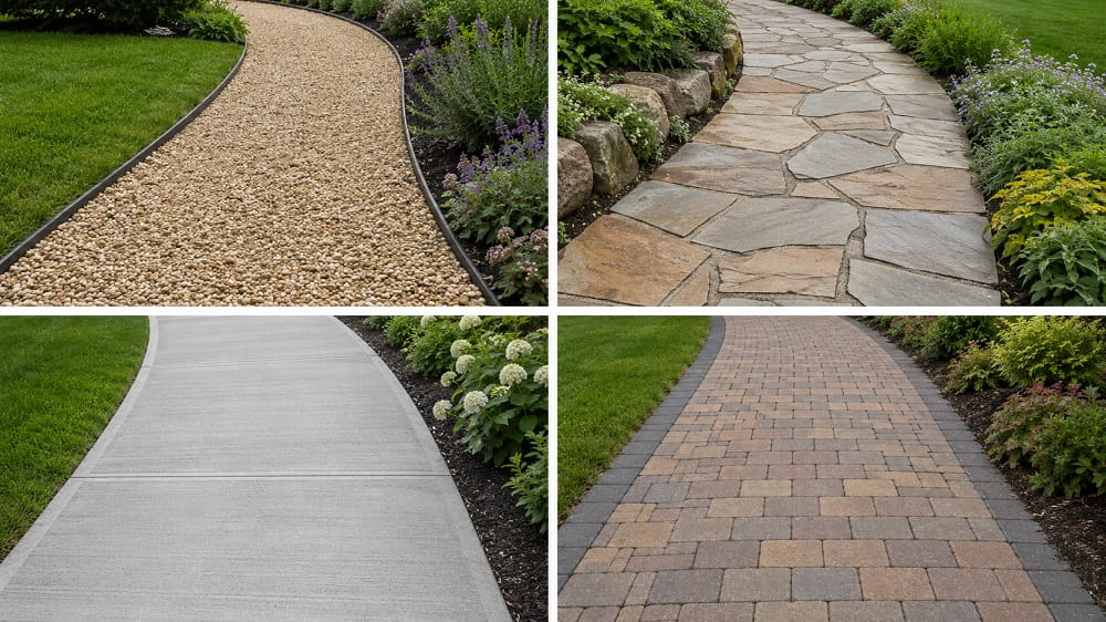 Gravel, natural stone, concrete and paver garden path materials compared