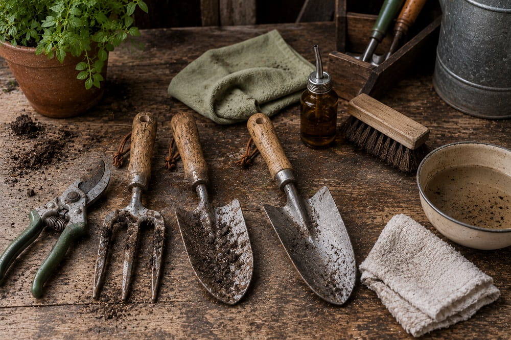 Garden tools being cleaned dried and prepared for maintenance before storage