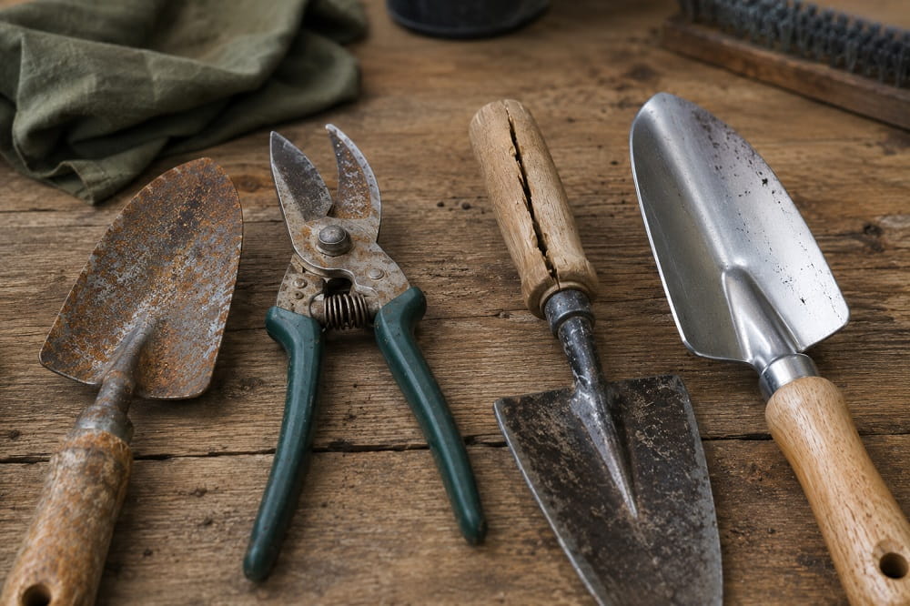 Garden tools showing rust, blunt blades and cracked handles during maintenance inspection