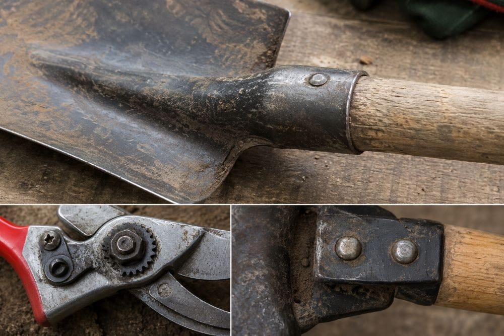 Close-up of garden tool joints and stress points to check before buying