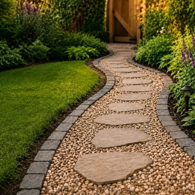 Decorative gravel garden path with stepping stones and planted borders