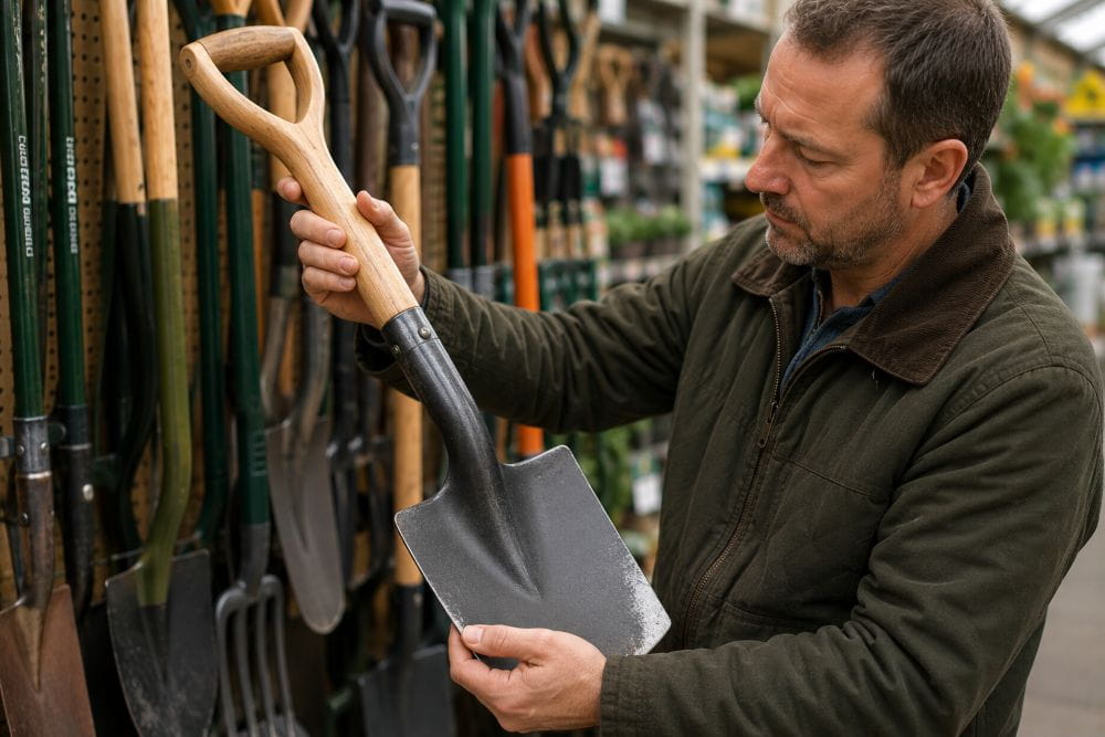 Inspecting a garden tool handle, grip and working part before buying