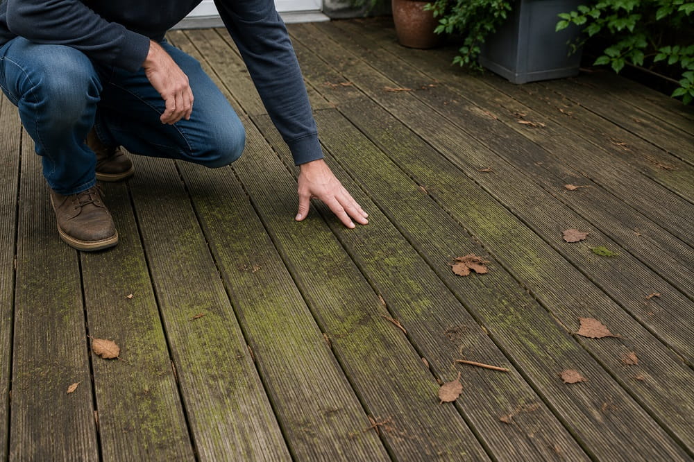 Inspecting dirty decking boards before pressure washing