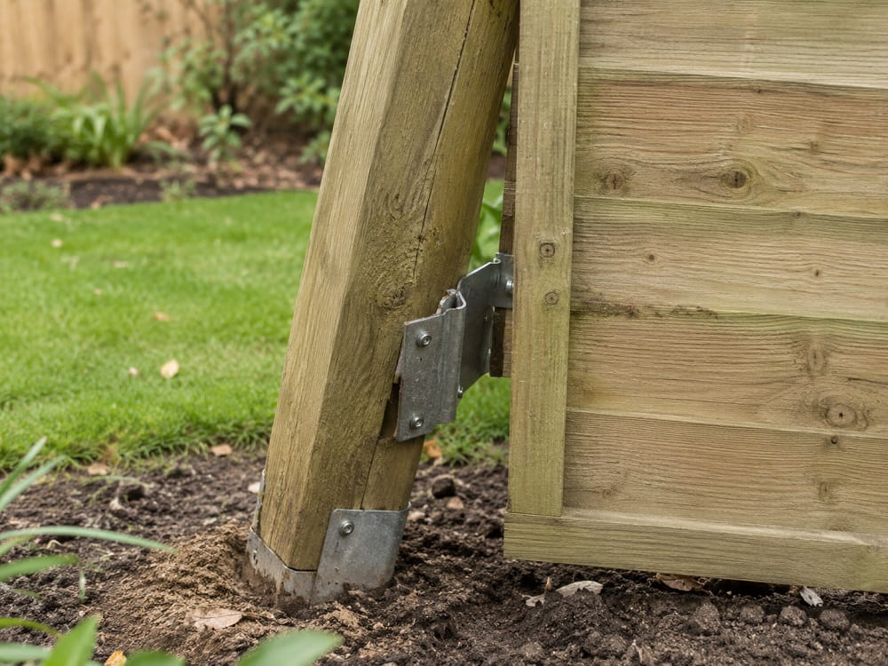 Leaning fence post showing failed support before panel replacement