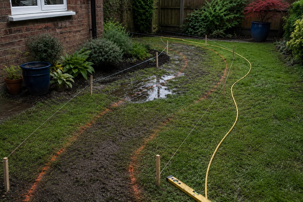 Marked garden path route being checked before choosing materials