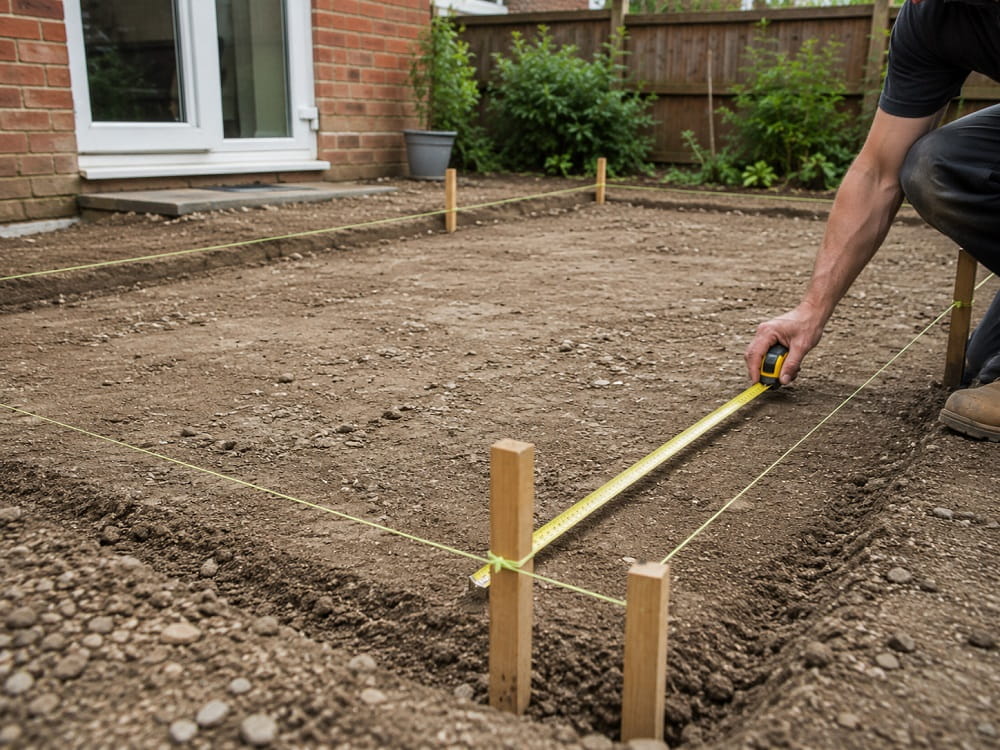Marking out a garden patio with string lines, wooden pegs and a tape measure