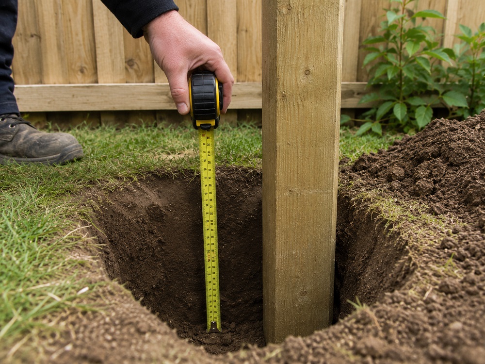 Measuring fence post hole depth before concreting a garden fence post