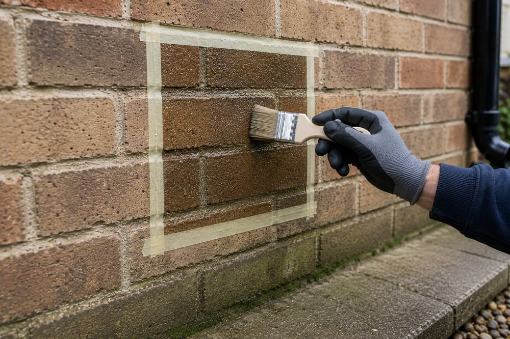 Patch testing a waterproofing treatment on an external masonry surface