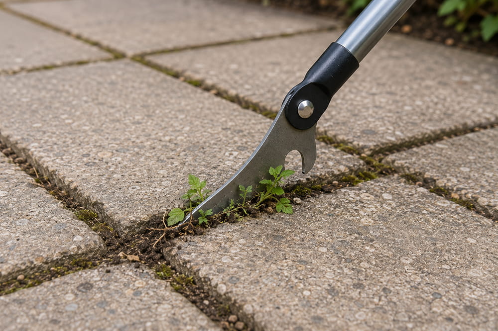 Removing weeds from paving joints with a patio weeder tool