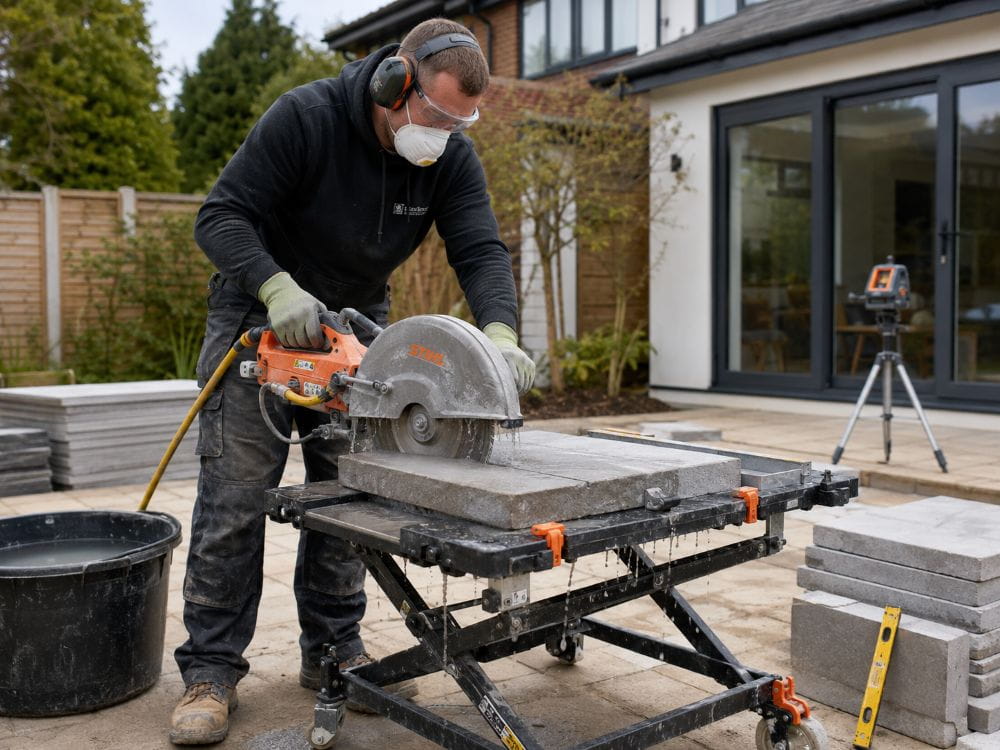 Controlled paving cutting setup with PPE and dust control