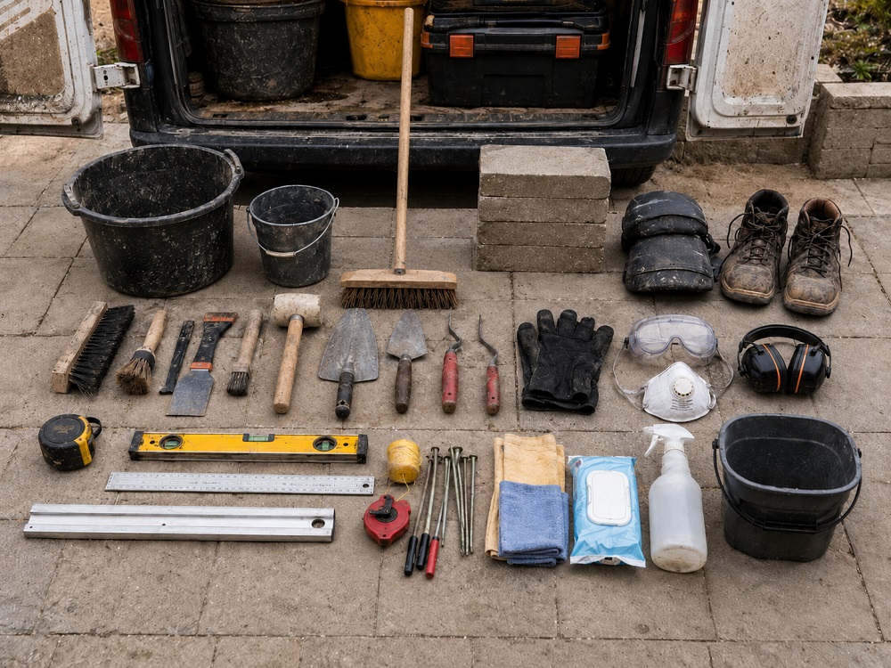 Paving and landscaping contractor tool kit laid out on a patio in front of an open work van, including brushes, trowels, PPE, buckets, boots, spirit level and paving blocks.