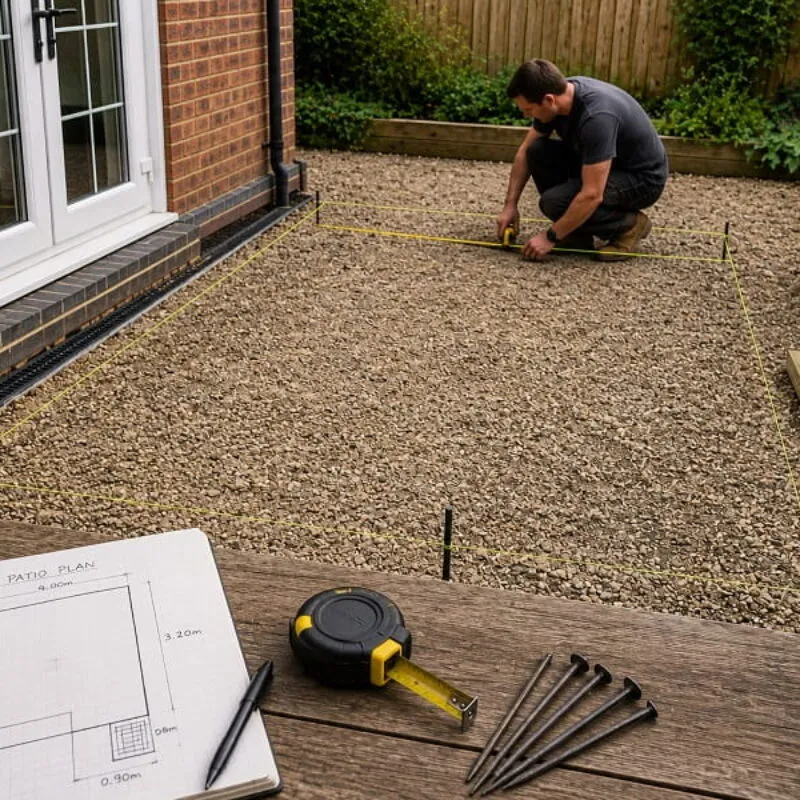 Planning a patio layout with string lines, tape measure and drawn measurements