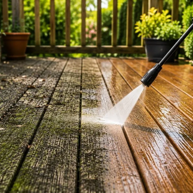 Pressure washing decking with a clear dirty and clean section