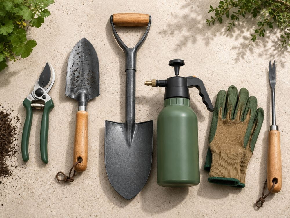 Selection of garden tools for digging, pruning, spraying and weeding
