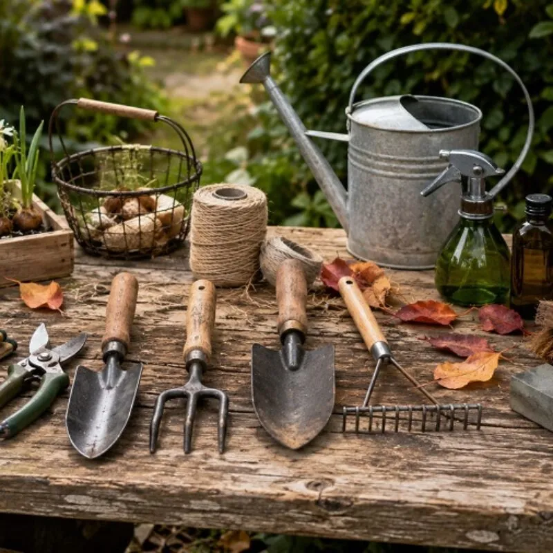 Seasonal garden tools arranged on a wooden outdoor table with gloves, secateurs, trowels, watering can, brush and autumn leaves