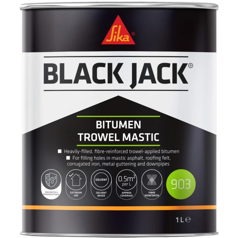 Sika Black Jack 903 Bitumen Trowel Mastic 1L fibre reinforced bitumen repair compound for roofing felt, gutters, corrugated iron and asphalt repairs