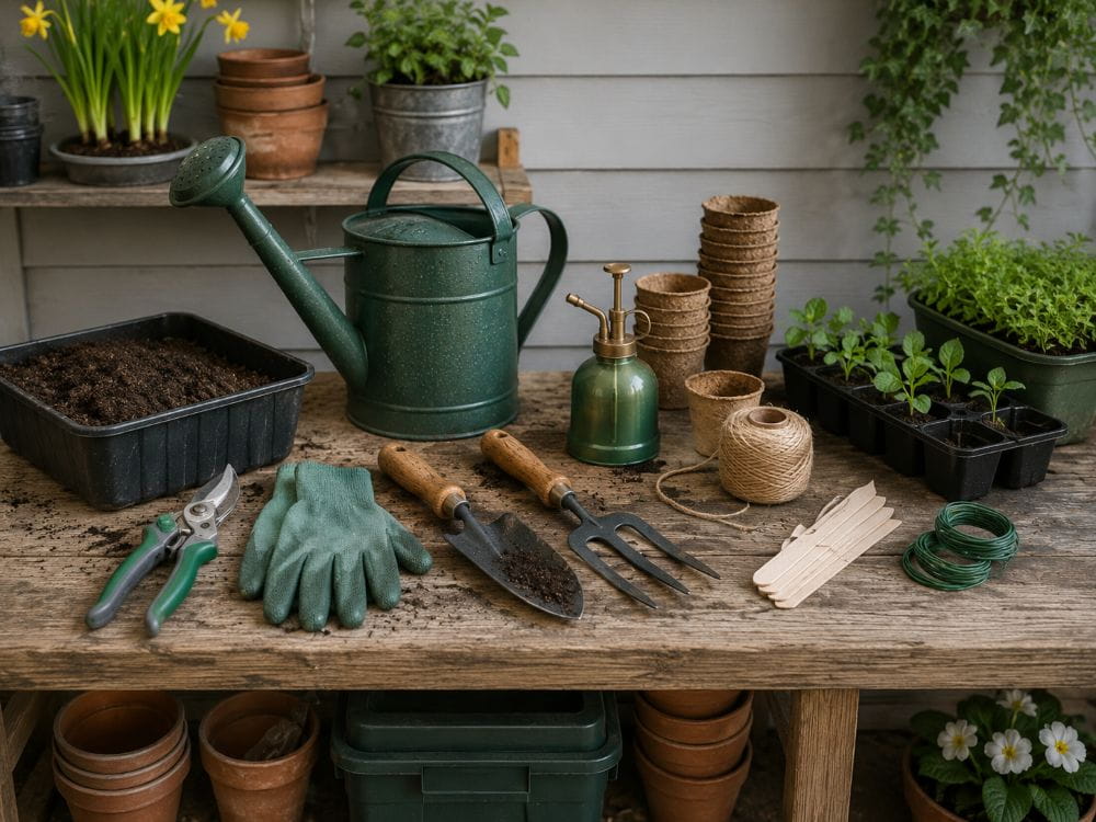 Spring garden tools for pruning planting soil preparation and watering