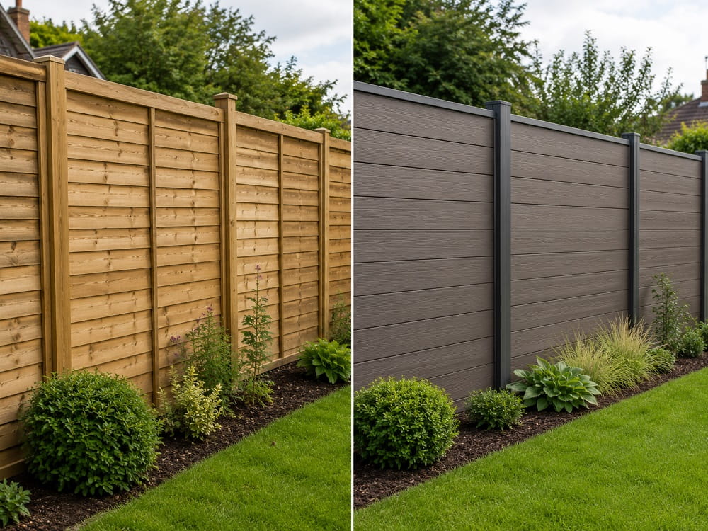 Timber and composite fence panels compared in a garden