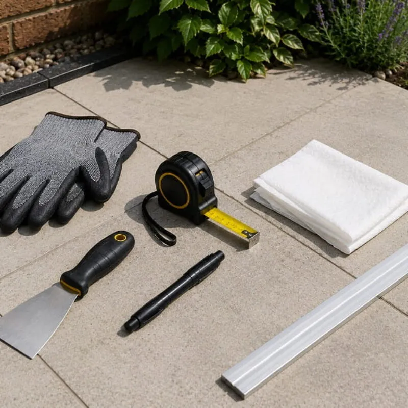 Time-saving patio maintenance tools laid out on level stone paving